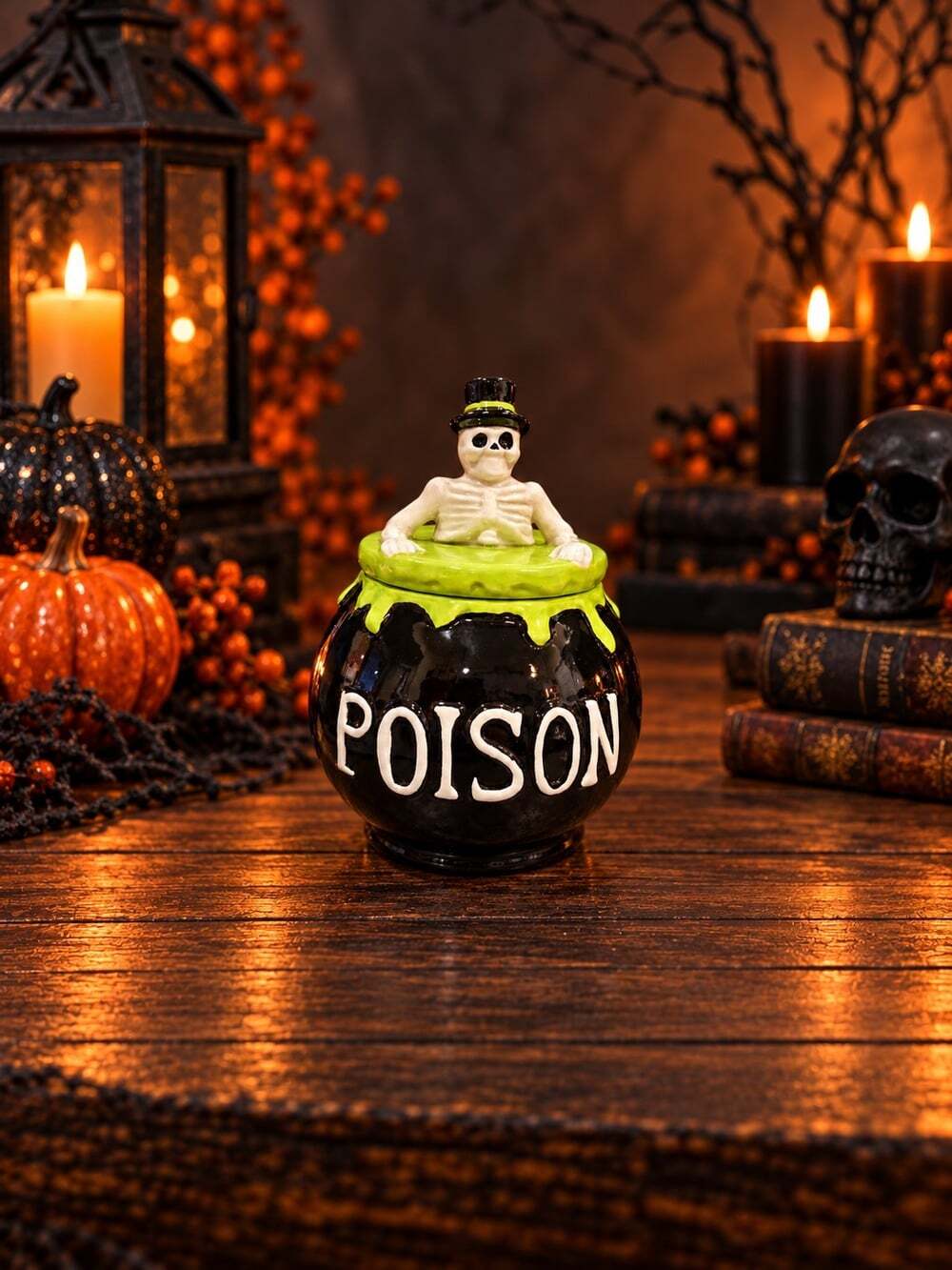 New Halloween Poison Skeleton Geen Cauldron Holiday Cookie Jar Kitchen Decor